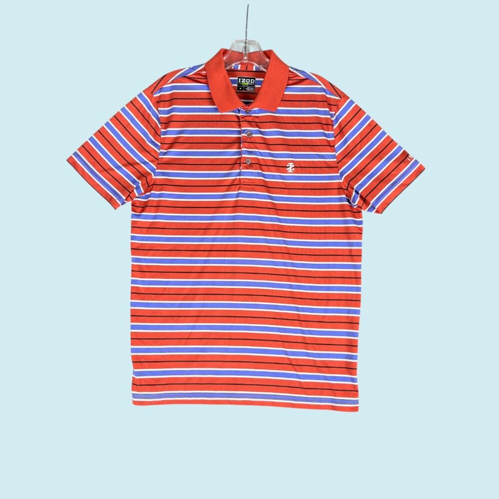 Izod Polo Men's Medium Orange Purple Striped Golf Short Sleeve Breathable Logo